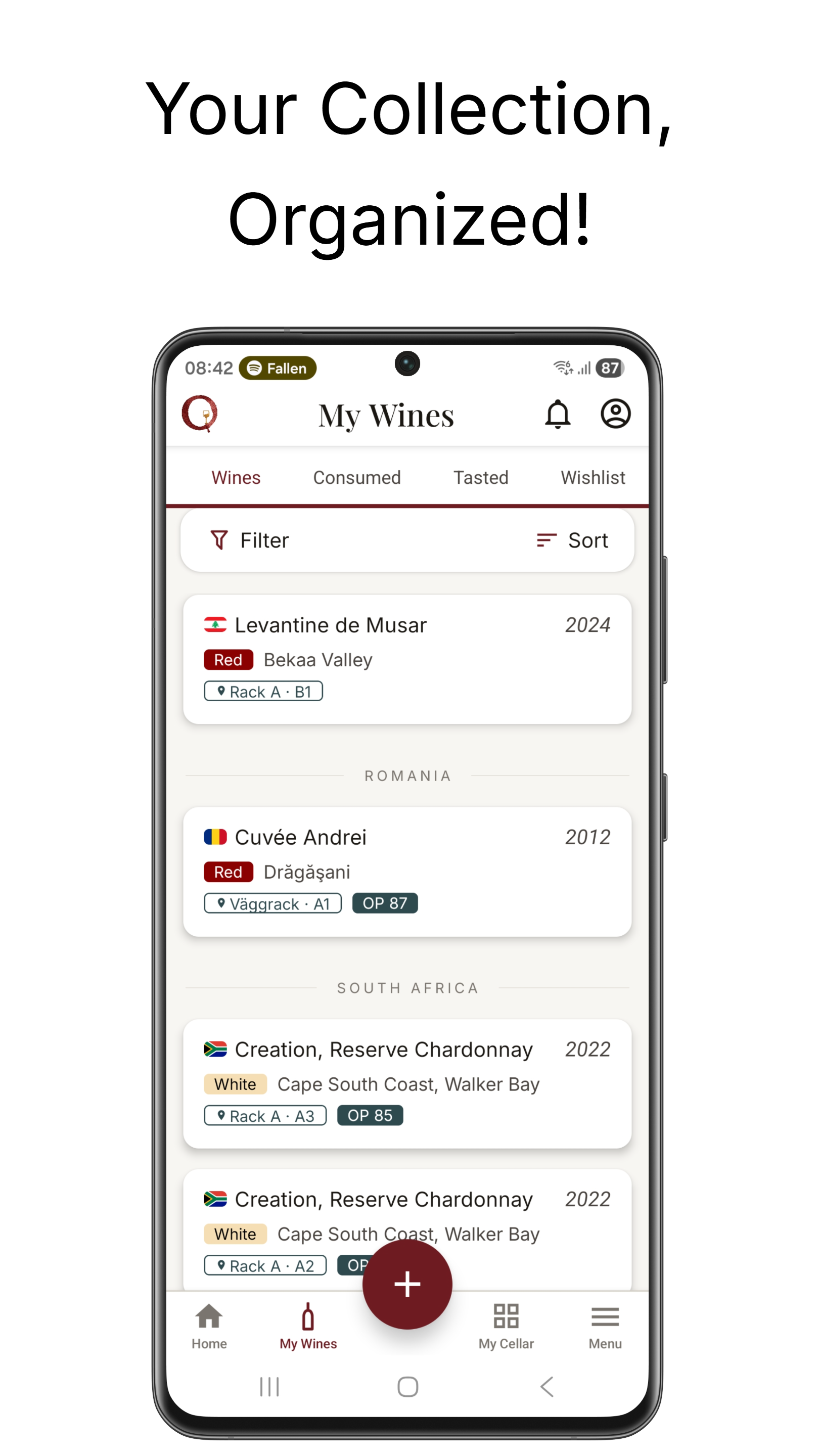 OENARI wine collection list — organized by country with filter and sort