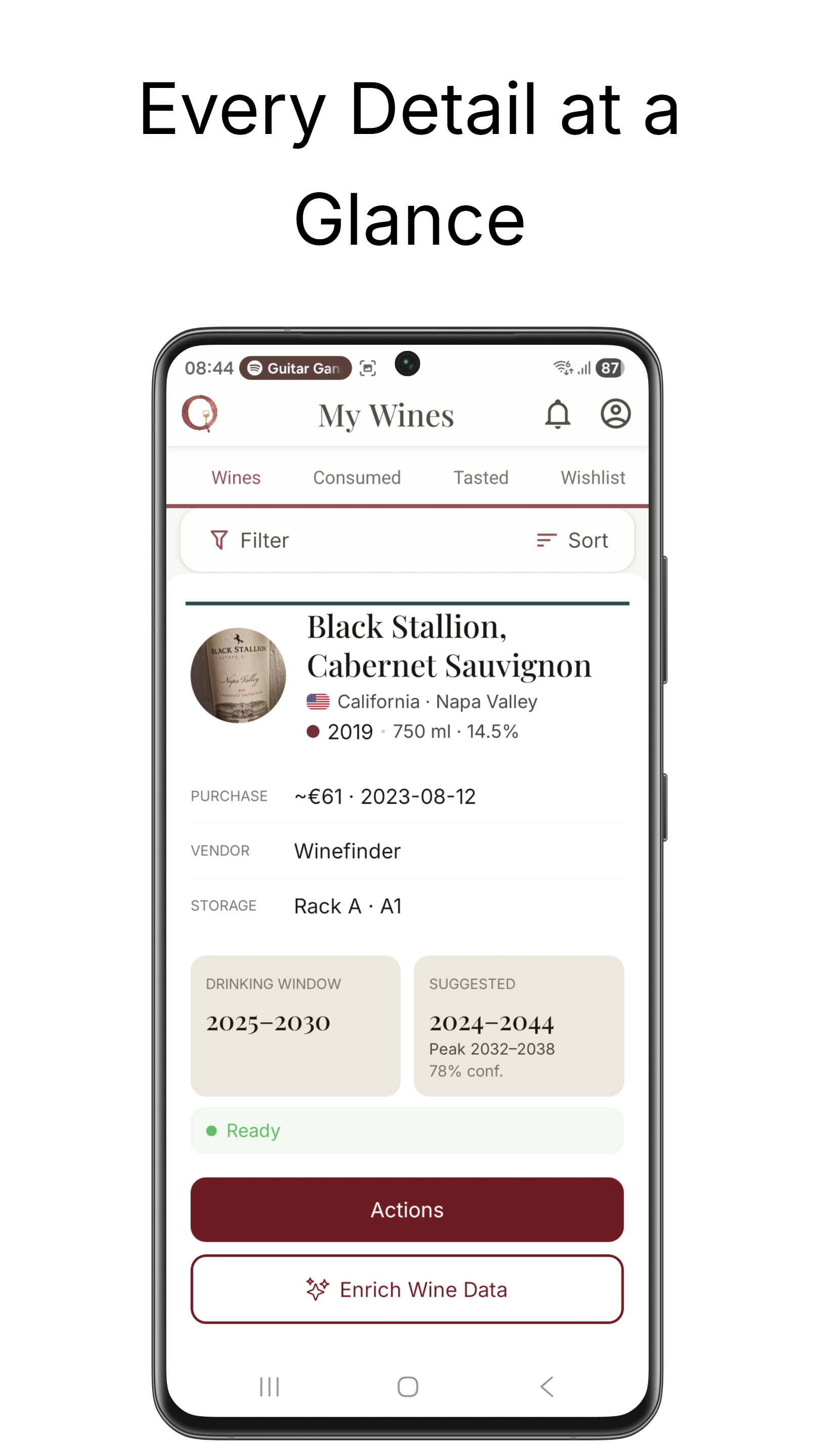 OENARI wine detail view — vintage, storage location, drinking window, and suggested peak