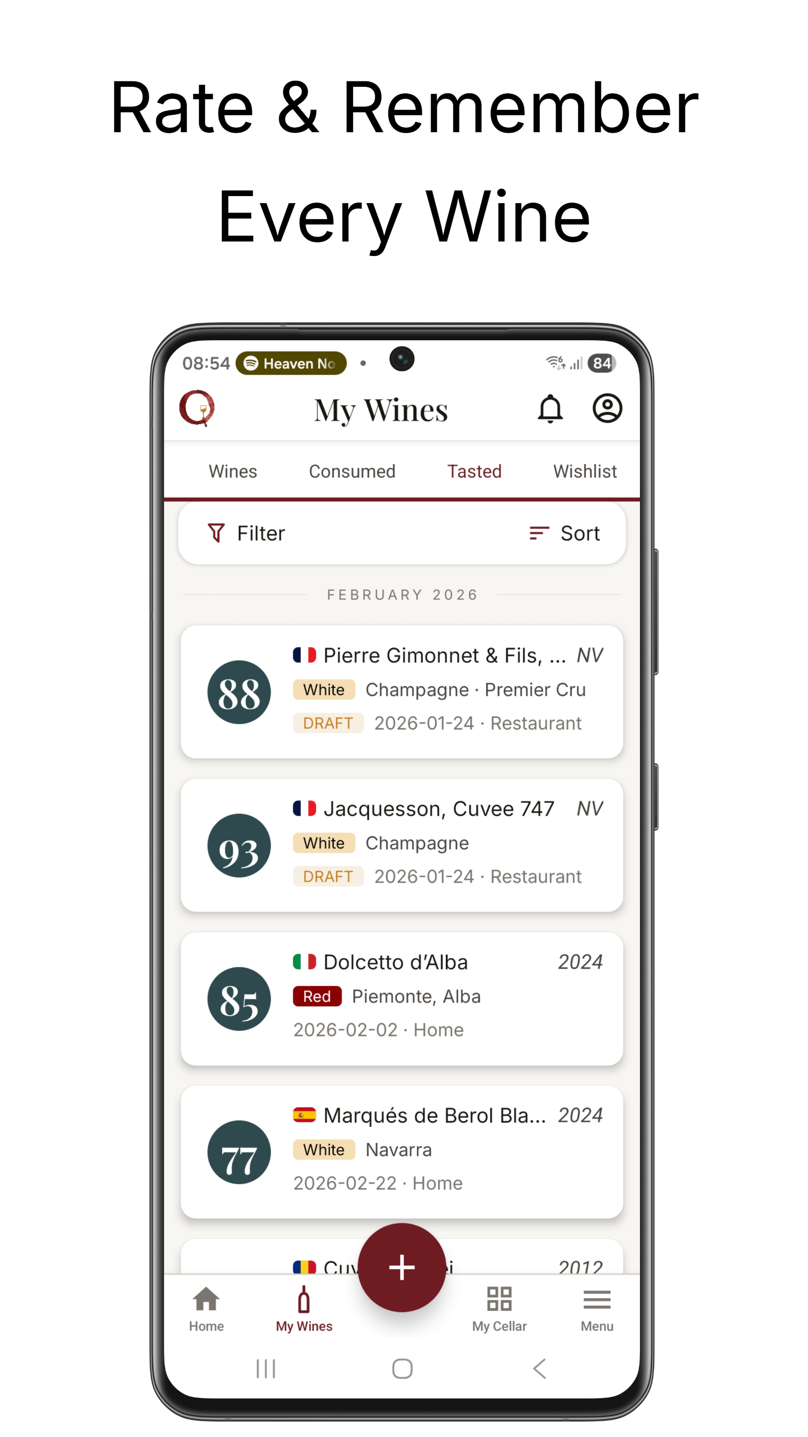 OENARI tasting notes list — OP scores, wine ratings, and tasting history