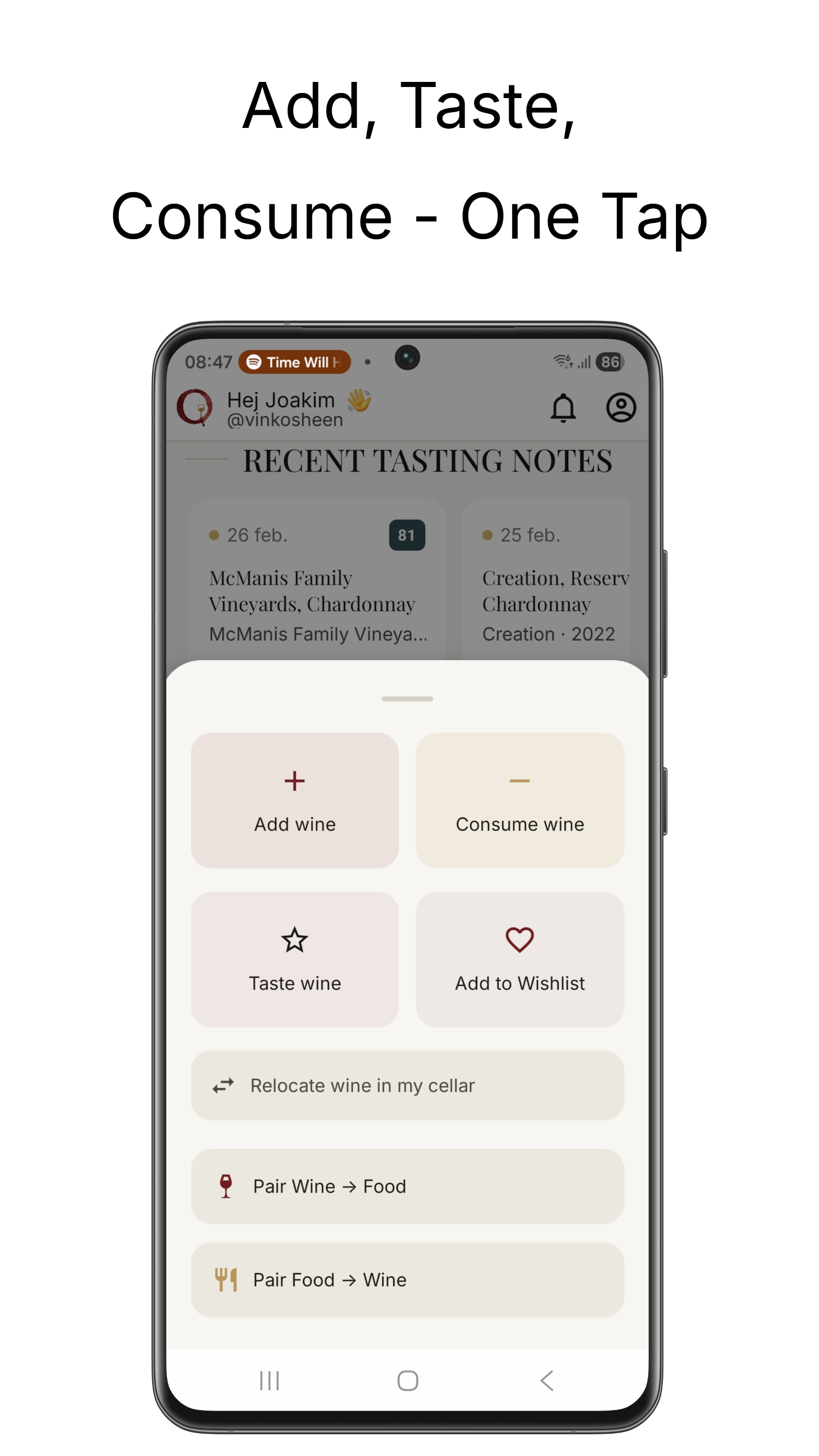 OENARI FAB menu — add wine, consume, taste, wishlist, relocate, food pairing