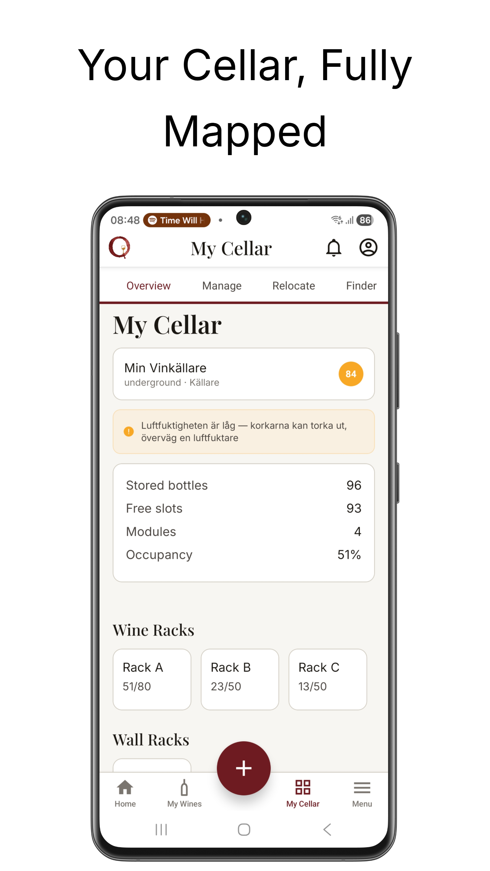 OENARI cellar overview — storage modules, bottle count, occupancy, and rack list
