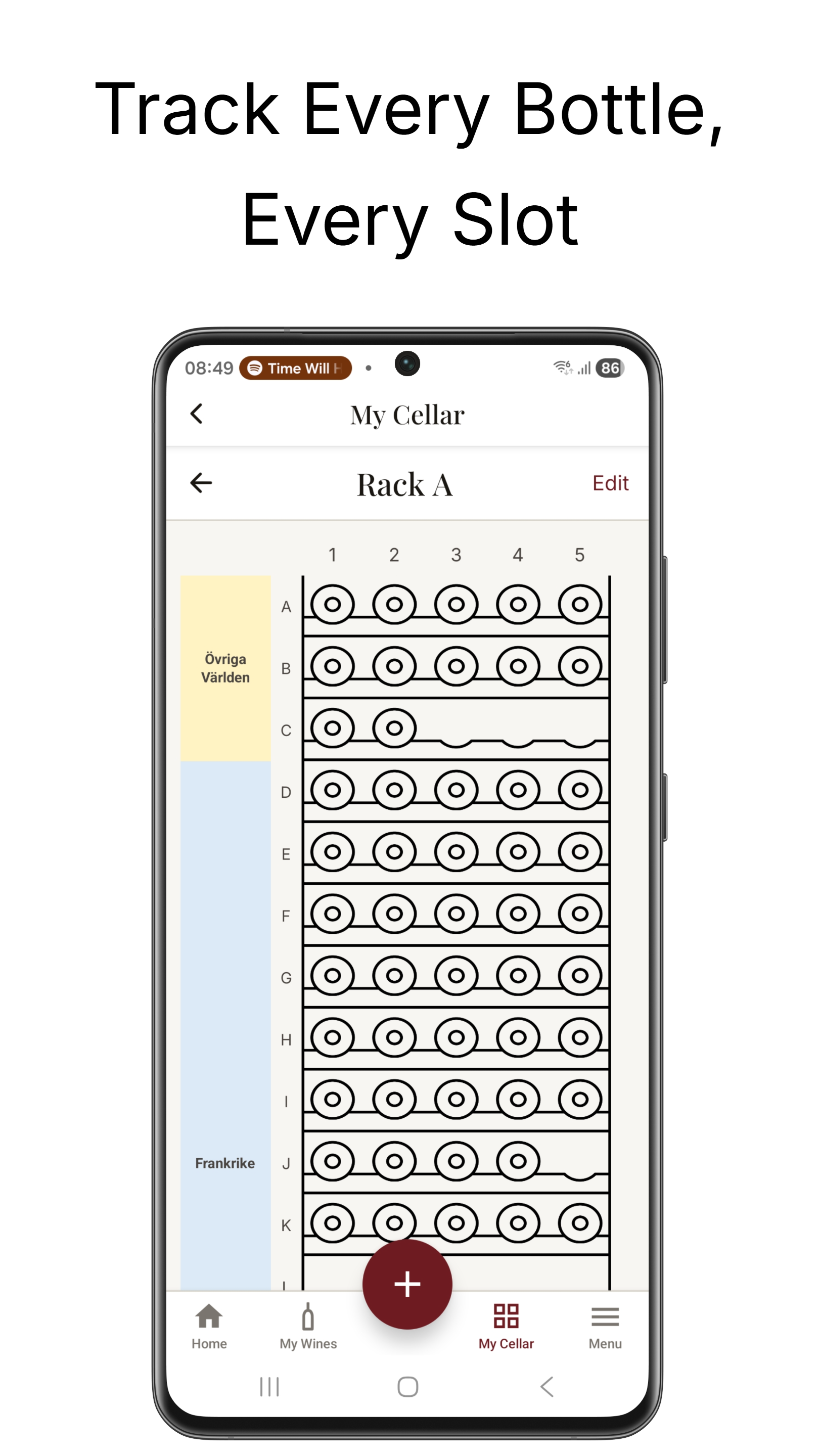 OENARI rack grid — slot-based bottle tracking with color-coded sections